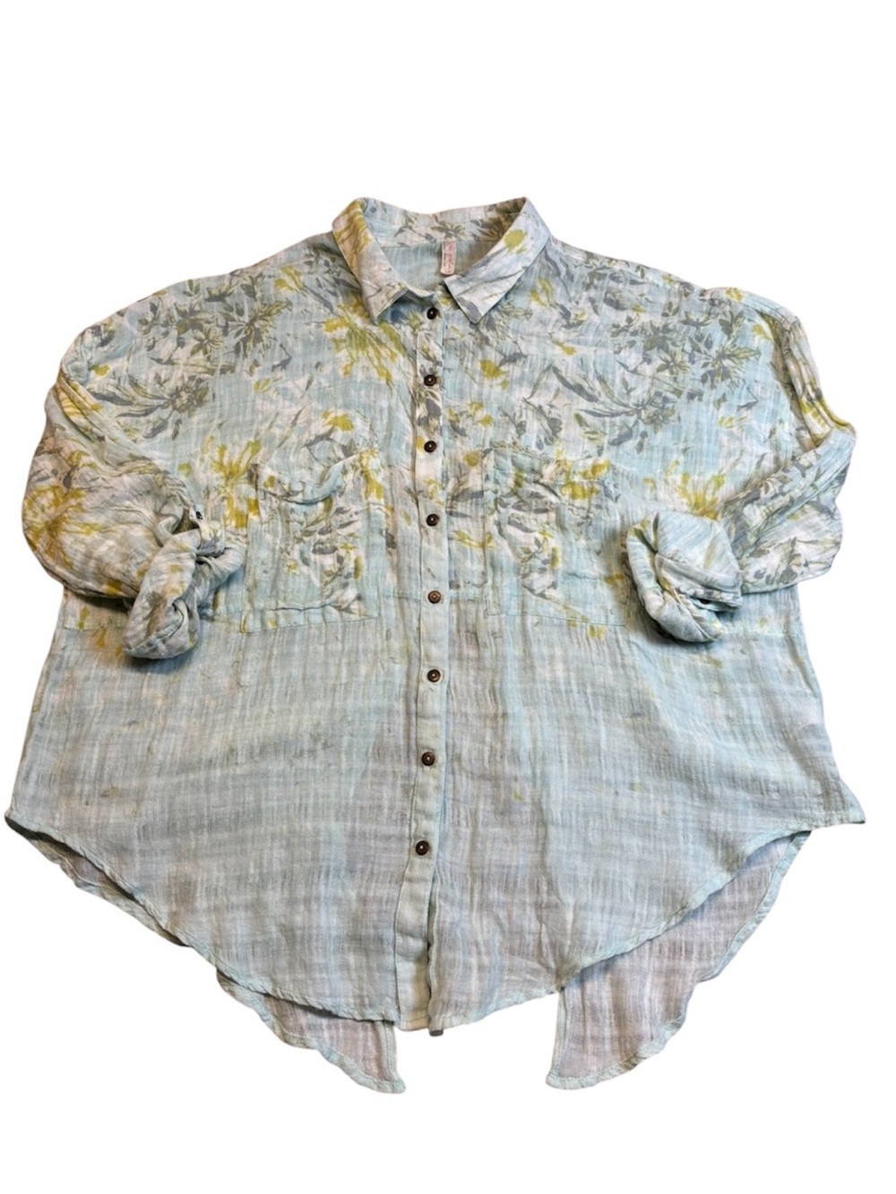 Free People Shibori Siren Cotton Gauze Split Back Button Down Shirt Large EUC - Picture 2 of 6